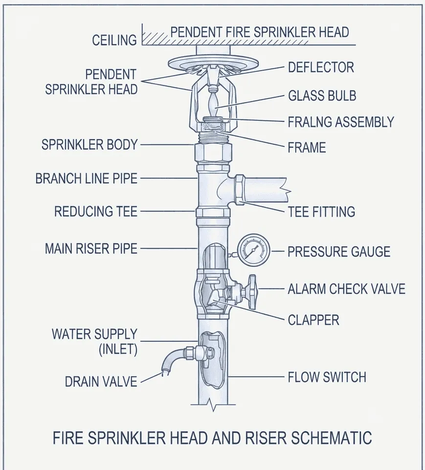 Fire Protection technical schematic: Sprinkler head and riser schematic