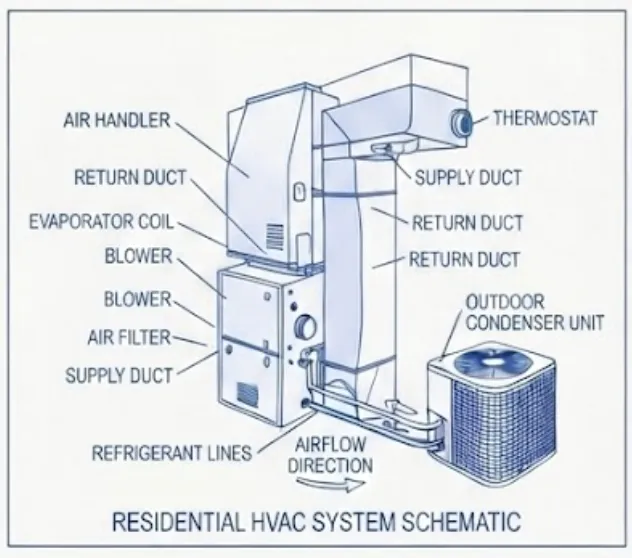 HVAC technical schematic: Residential HVAC system schematic